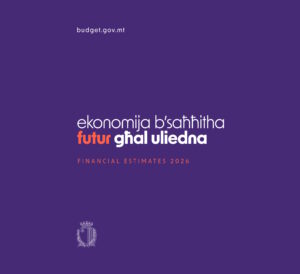 Maltese Budget 2026 cover featuring theme with text ‘ekonomija b’saħħitha futur għal uliedna’ for Financial Estimates 2026.